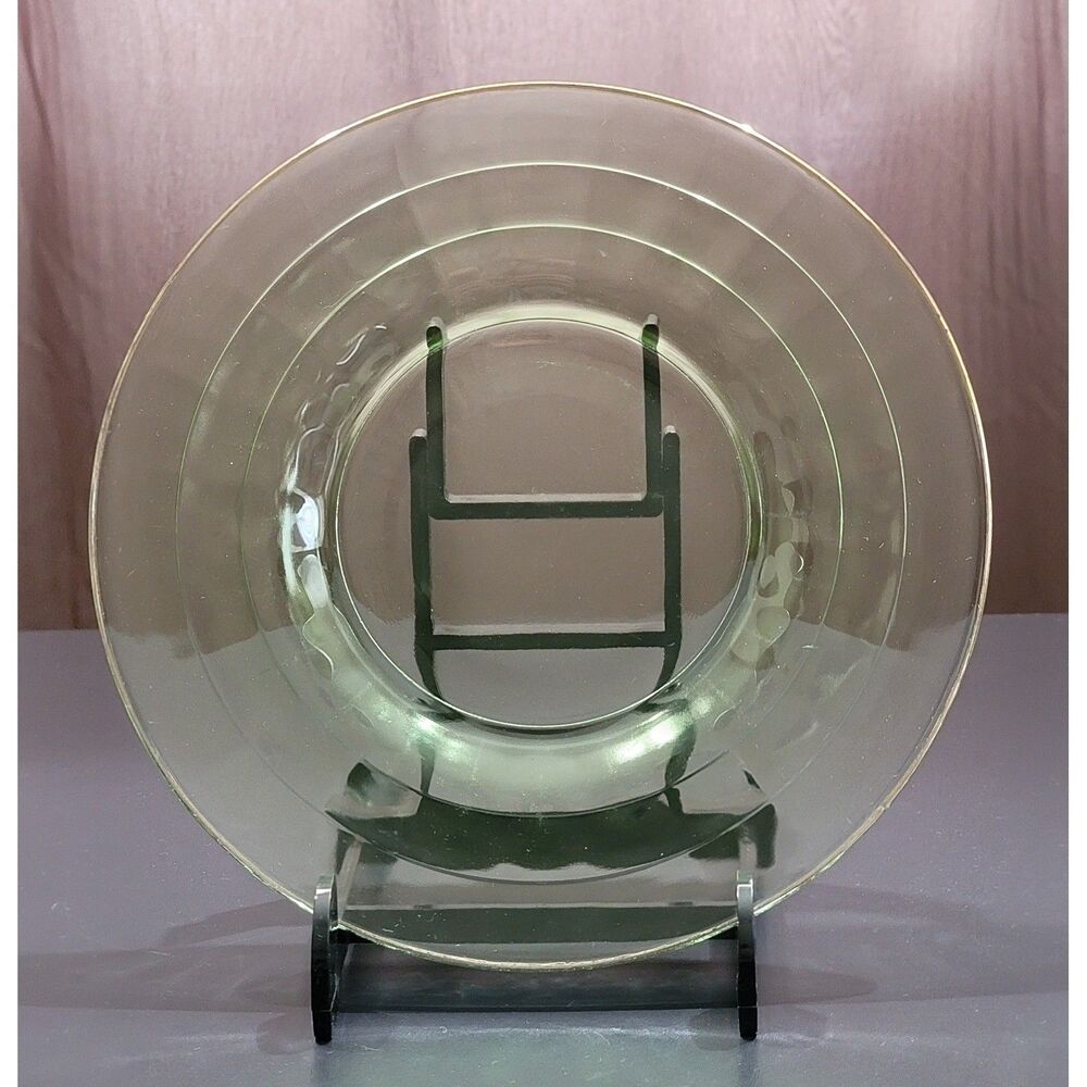 Vintage Green Uranium Glass Plate Gold Rim Concentric Rings Vaseline Glass 8in